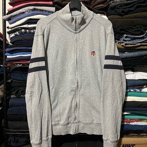 Polo by Ralph Lauren Gray Full-Zip Sweater with Navy Sleeve Stripes